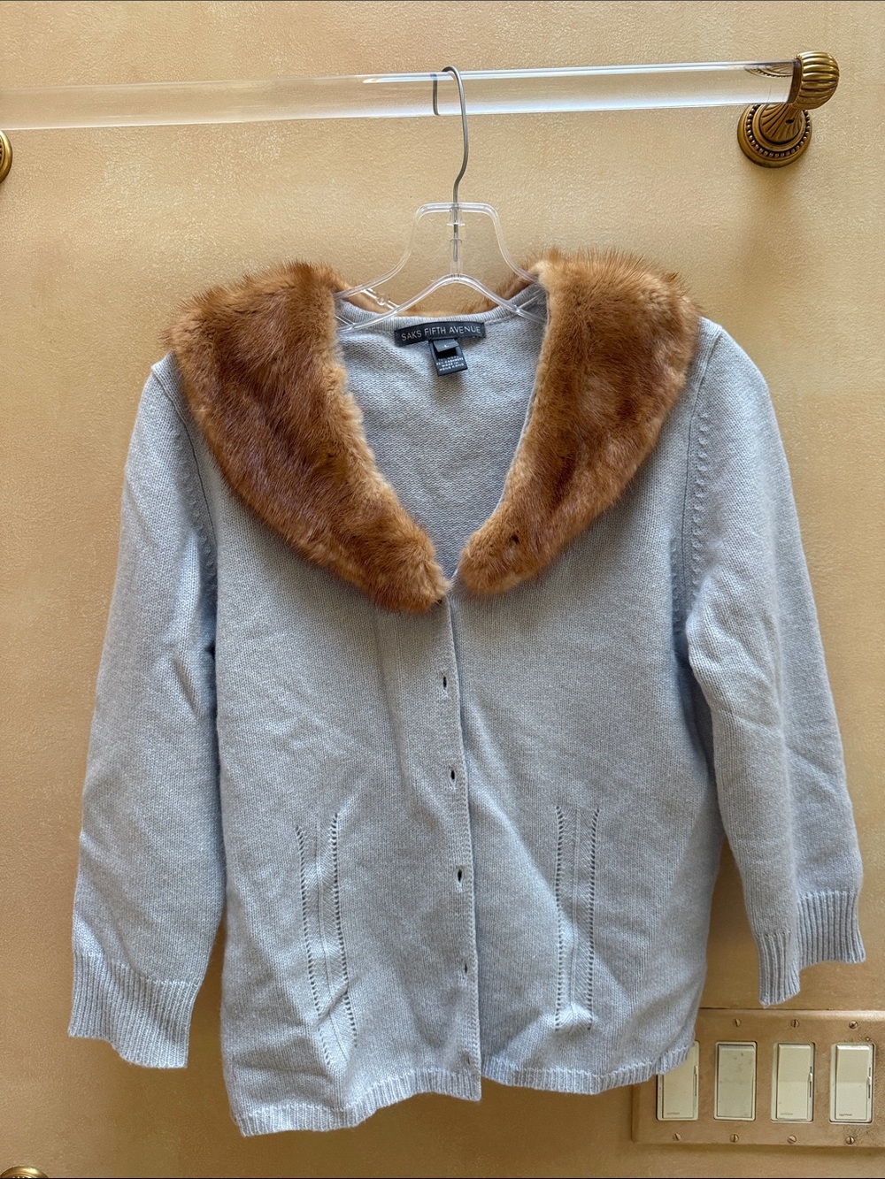 Saks Fifth Avenue Light Blue Cardigan with real Fox Collar